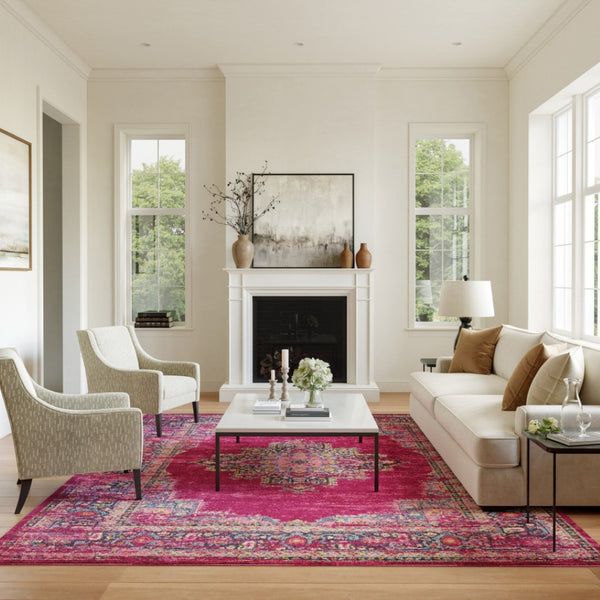 HomeRoots 5' Vibrant Fuchsia and Blue Oriental Distressed Area Rug - Timeless Design for Modern Spaces 8' x 10' 385313