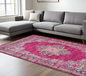 HomeRoots 5' Vibrant Fuchsia and Blue Oriental Distressed Area Rug - Timeless Design for Modern Spaces 8' x 10' 385313