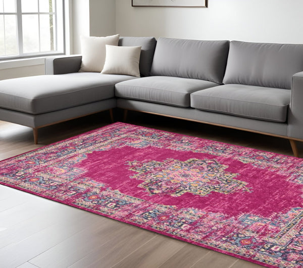 HomeRoots 5' Vibrant Fuchsia and Blue Oriental Distressed Area Rug - Timeless Design for Modern Spaces 8' x 10' 385313