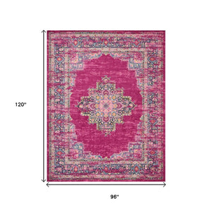 HomeRoots 5' Vibrant Fuchsia and Blue Oriental Distressed Area Rug - Timeless Design for Modern Spaces 8' x 10' 385313
