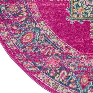 HomeRoots 5' Vibrant Fuchsia and Blue Oriental Distressed Area Rug - Timeless Design for Modern Spaces 8' Round 385314