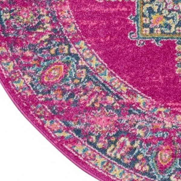 HomeRoots 5' Vibrant Fuchsia and Blue Oriental Distressed Area Rug - Timeless Design for Modern Spaces 8' Round 385314