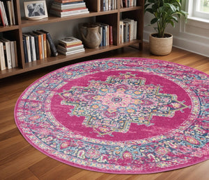 HomeRoots 5' Vibrant Fuchsia and Blue Oriental Distressed Area Rug - Timeless Design for Modern Spaces 8' Round 385314