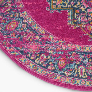 HomeRoots 5' Vibrant Fuchsia and Blue Oriental Distressed Area Rug - Timeless Design for Modern Spaces 8' Round 385314