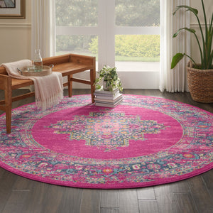 HomeRoots 5' Vibrant Fuchsia and Blue Oriental Distressed Area Rug - Timeless Design for Modern Spaces 8' Round 385314
