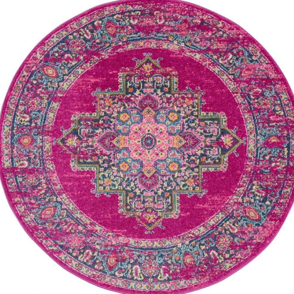 HomeRoots 5' Vibrant Fuchsia and Blue Oriental Distressed Area Rug - Timeless Design for Modern Spaces 8' Round 385314