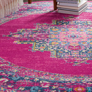 HomeRoots 5' Vibrant Fuchsia and Blue Oriental Distressed Area Rug - Timeless Design for Modern Spaces 8' Round 385314