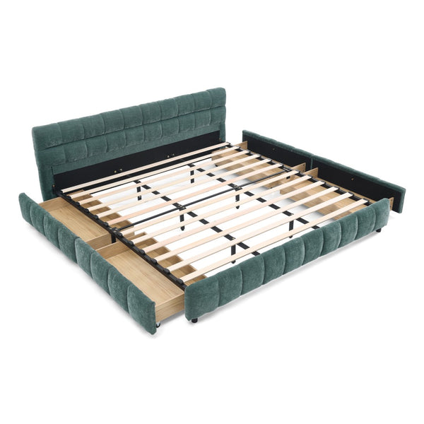 English Elm California King Platform Storage Bed Chenille Upholstered Frame Modern Bedroom Blue+Green W487S00523