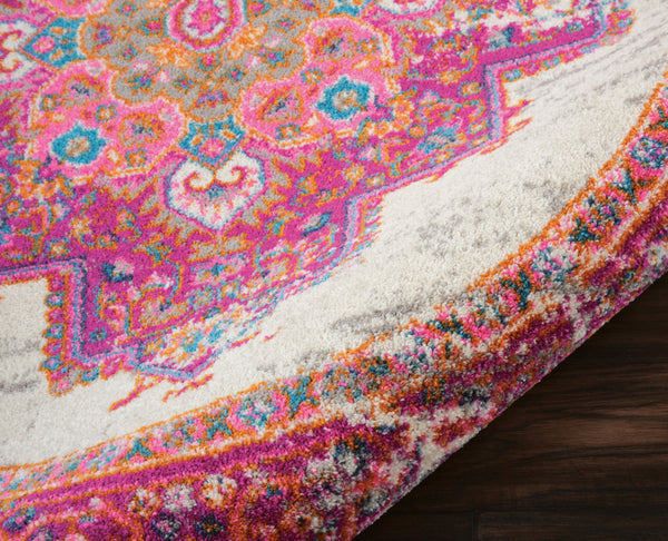 Homeroots 8' Ivory And Fuchsia Distressed Round Oriental Rug - Durable, Stylish, Perfect Focal Point For Any Room! 8' Round Polypropylene 385327
