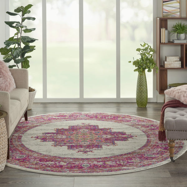 Homeroots 8' Ivory And Fuchsia Distressed Round Oriental Rug - Durable, Stylish, Perfect Focal Point For Any Room! 8' Round Polypropylene 385327