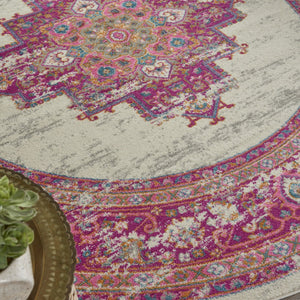 Homeroots 8' Ivory And Fuchsia Distressed Round Oriental Rug - Durable, Stylish, Perfect Focal Point For Any Room! 8' Round Polypropylene 385327