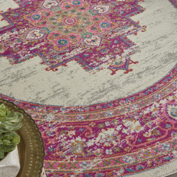 Homeroots 8' Ivory And Fuchsia Distressed Round Oriental Rug - Durable, Stylish, Perfect Focal Point For Any Room! 8' Round Polypropylene 385327