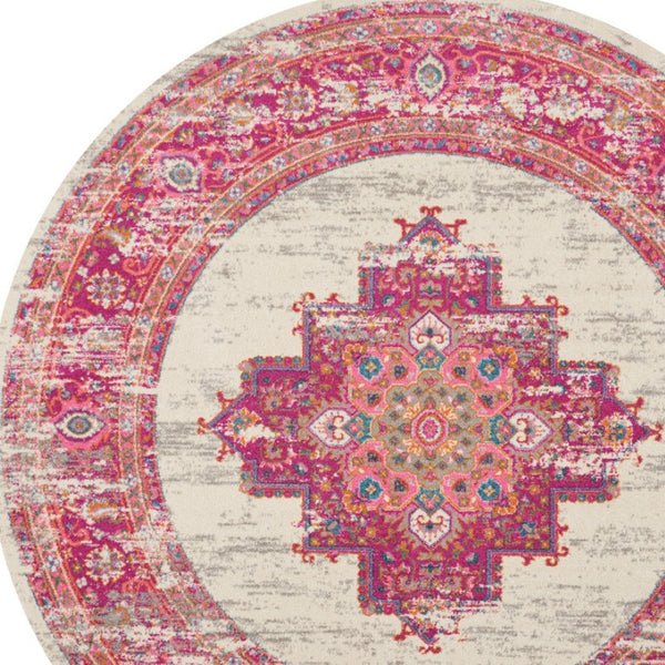 Homeroots 8' Ivory And Fuchsia Distressed Round Oriental Rug - Durable, Stylish, Perfect Focal Point For Any Room! 8' Round Polypropylene 385327