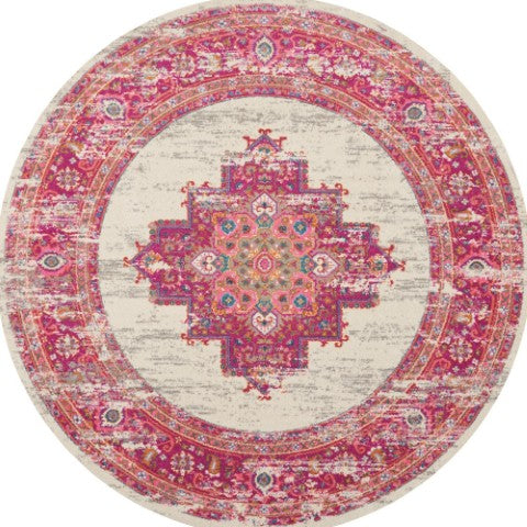 Homeroots 8' Ivory And Fuchsia Distressed Round Oriental Rug - Durable, Stylish, Perfect Focal Point For Any Room! 8' Round Polypropylene 385327
