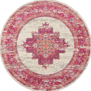 Homeroots 8' Ivory And Fuchsia Distressed Round Oriental Rug - Durable, Stylish, Perfect Focal Point For Any Room! 8' Round Polypropylene 385327