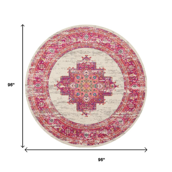 Homeroots 8' Ivory And Fuchsia Distressed Round Oriental Rug - Durable, Stylish, Perfect Focal Point For Any Room! 8' Round Polypropylene 385327