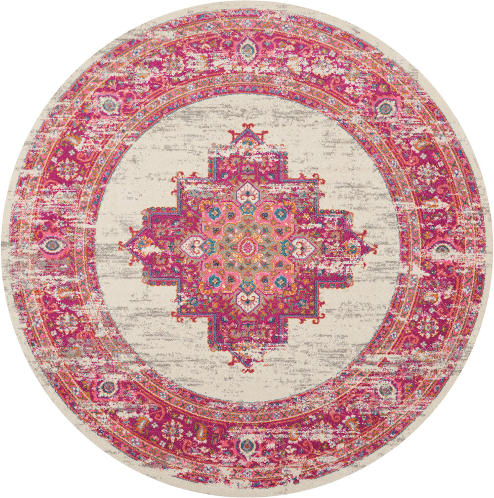 Homeroots 8' Ivory And Fuchsia Distressed Round Oriental Rug - Durable, Stylish, Perfect Focal Point For Any Room! 8' Round Polypropylene 385327