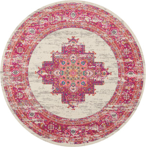 Homeroots 8' Ivory And Fuchsia Distressed Round Oriental Rug - Durable, Stylish, Perfect Focal Point For Any Room! 8' Round Polypropylene 385327