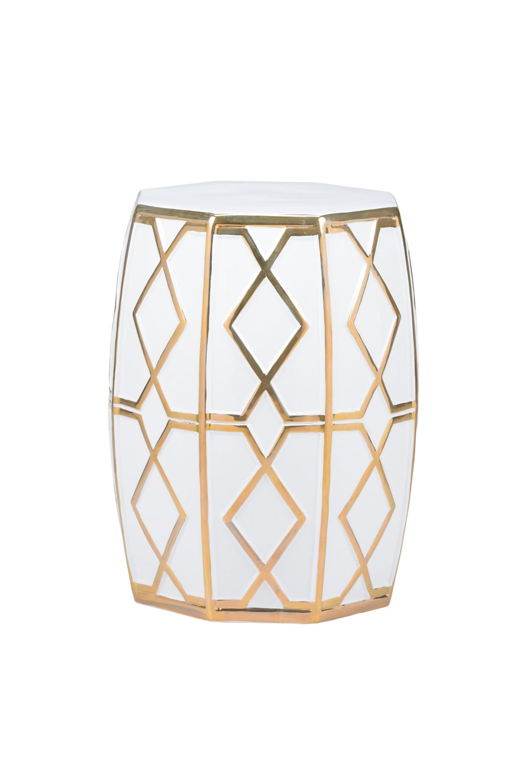 Chelsea House Andreu Ceramic Garden Stool In Gloss White With Metallic Gold Diagonals — Sculptural Side Table, Patio Accent 385334