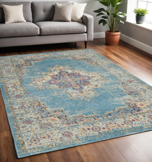 HomeRoots 5' Southwestern Distressed Area Rug in Blue and Ivory - Durable, Rustic Charm for Any Space 5' X 7' Rectangle 385334