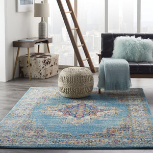 HomeRoots 5' Southwestern Distressed Area Rug in Blue and Ivory - Durable, Rustic Charm for Any Space 5' X 7' Rectangle 385334