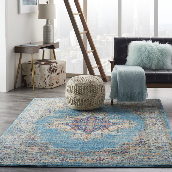 HomeRoots 5' Southwestern Distressed Area Rug in Blue and Ivory - Durable, Rustic Charm for Any Space 5' X 7' Rectangle 385334