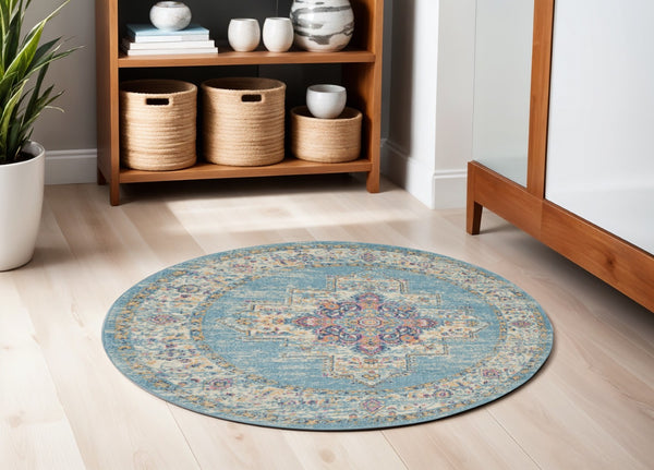 HomeRoots 5' Southwestern Distressed Area Rug in Blue and Ivory - Durable, Rustic Charm for Any Space 5' Round Round 385335