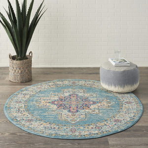 HomeRoots 5' Southwestern Distressed Area Rug in Blue and Ivory - Durable, Rustic Charm for Any Space 5' Round Round 385335