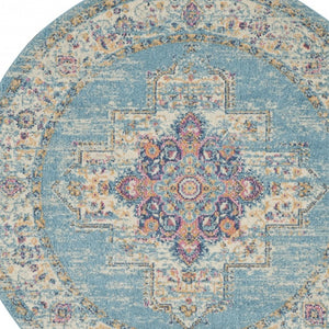 HomeRoots 5' Southwestern Distressed Area Rug in Blue and Ivory - Durable, Rustic Charm for Any Space 5' Round Round 385335