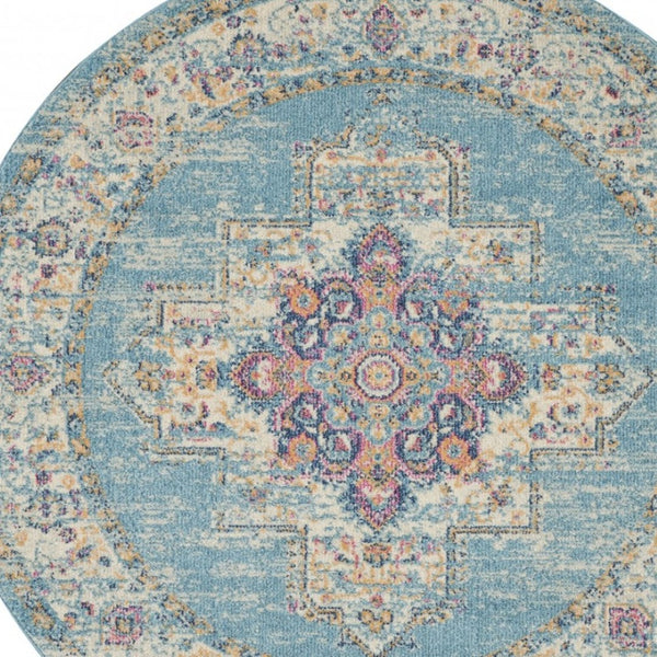 HomeRoots 5' Southwestern Distressed Area Rug in Blue and Ivory - Durable, Rustic Charm for Any Space 5' Round Round 385335