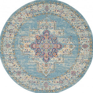 HomeRoots 5' Southwestern Distressed Area Rug in Blue and Ivory - Durable, Rustic Charm for Any Space 5' Round Round 385335