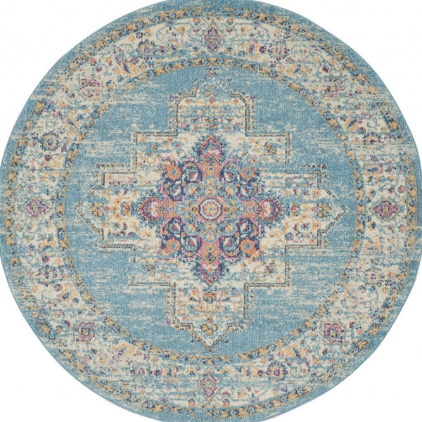 HomeRoots 5' Southwestern Distressed Area Rug in Blue and Ivory - Durable, Rustic Charm for Any Space 5' Round Round 385335