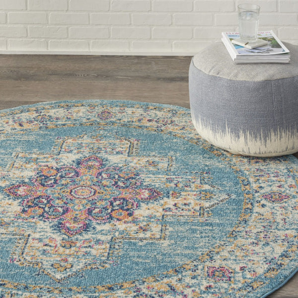 HomeRoots 5' Southwestern Distressed Area Rug in Blue and Ivory - Durable, Rustic Charm for Any Space 5' Round Round 385335