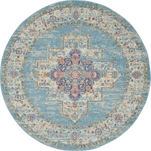 HomeRoots 5' Southwestern Distressed Area Rug in Blue and Ivory - Durable, Rustic Charm for Any Space 5' Round Round 385335