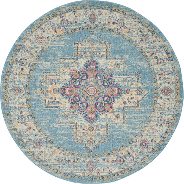 HomeRoots 5' Southwestern Distressed Area Rug in Blue and Ivory - Durable, Rustic Charm for Any Space 5' Round Round 385335