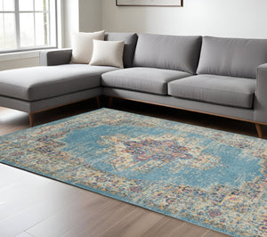 HomeRoots 5' Southwestern Distressed Area Rug in Blue and Ivory - Durable, Rustic Charm for Any Space 7' X 10' Rectangle 385336