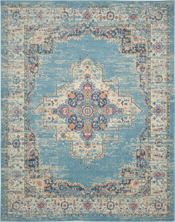 HomeRoots 5' Southwestern Distressed Area Rug in Blue and Ivory - Durable, Rustic Charm for Any Space 7' X 10' Rectangle 385336