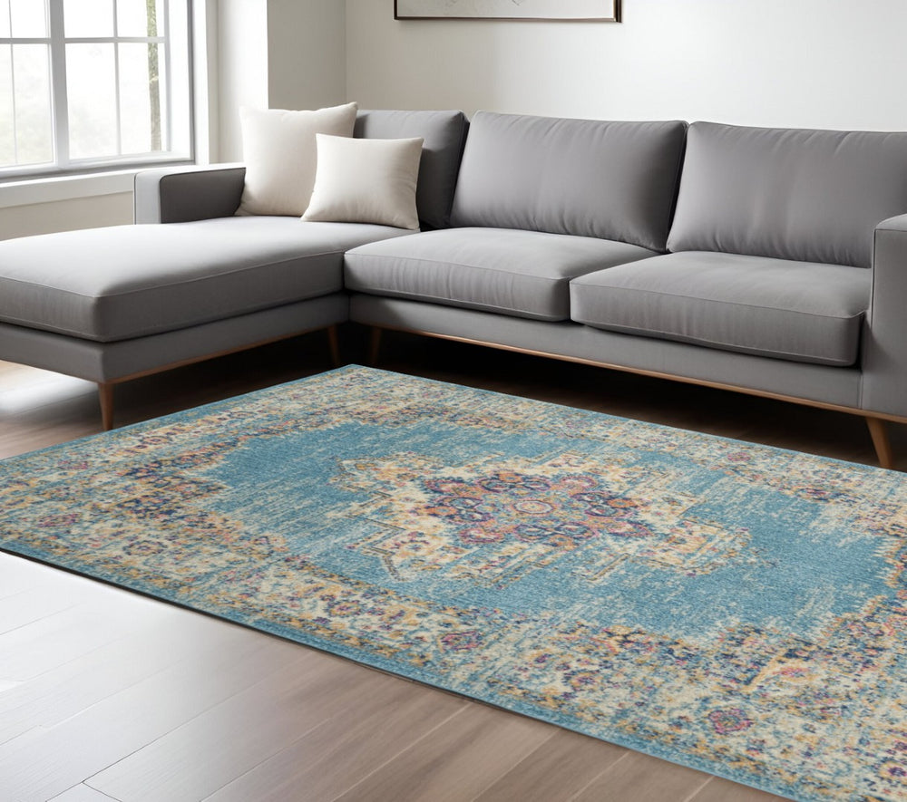 HomeRoots 5' Southwestern Distressed Area Rug in Blue and Ivory - Durable, Rustic Charm for Any Space 8' X 10' Rectangle 385337