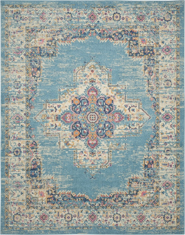 HomeRoots 5' Southwestern Distressed Area Rug in Blue and Ivory - Durable, Rustic Charm for Any Space 8' X 10' Rectangle 385337