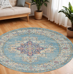 HomeRoots 5' Southwestern Distressed Area Rug in Blue and Ivory - Durable, Rustic Charm for Any Space 8' Round Round 385338