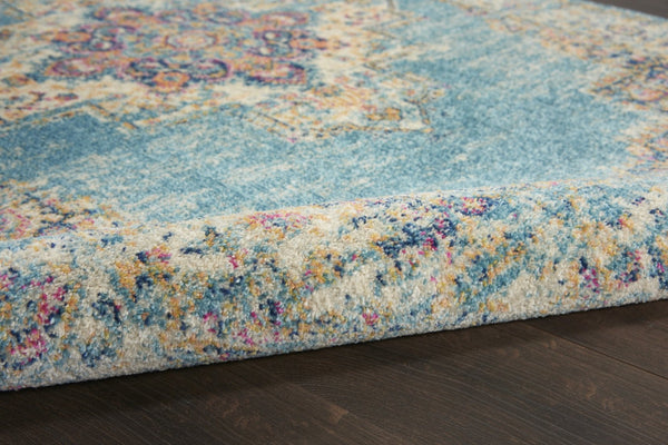 HomeRoots 5' Southwestern Distressed Area Rug in Blue and Ivory - Durable, Rustic Charm for Any Space 8' Round Round 385338