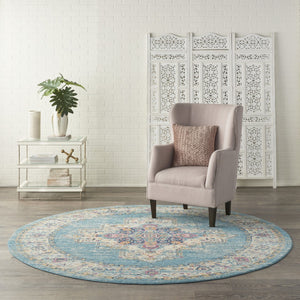 HomeRoots 5' Southwestern Distressed Area Rug in Blue and Ivory - Durable, Rustic Charm for Any Space 8' Round Round 385338