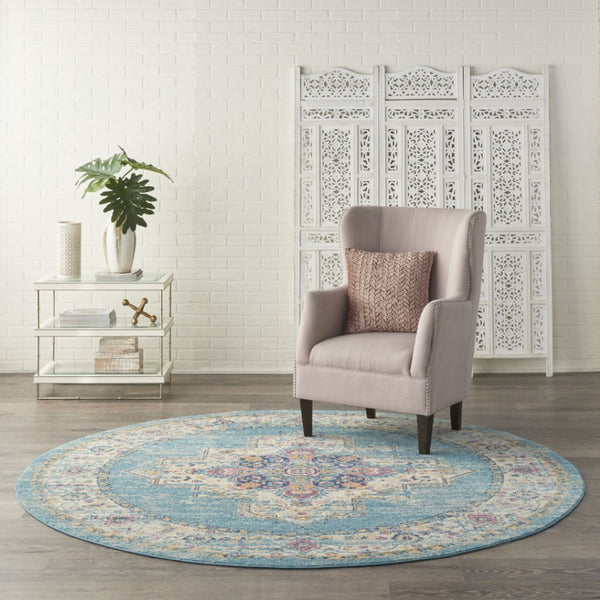 HomeRoots 5' Southwestern Distressed Area Rug in Blue and Ivory - Durable, Rustic Charm for Any Space 8' Round Round 385338
