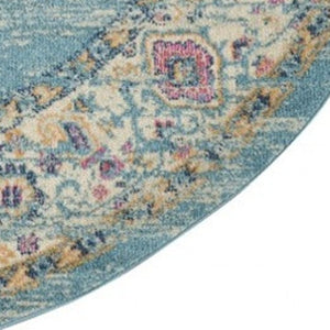 HomeRoots 5' Southwestern Distressed Area Rug in Blue and Ivory - Durable, Rustic Charm for Any Space 8' Round Round 385338