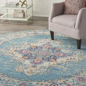 HomeRoots 5' Southwestern Distressed Area Rug in Blue and Ivory - Durable, Rustic Charm for Any Space 8' Round Round 385338