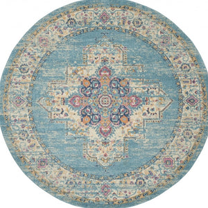 HomeRoots 5' Southwestern Distressed Area Rug in Blue and Ivory - Durable, Rustic Charm for Any Space 8' Round Round 385338