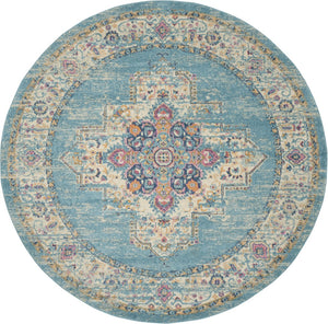 HomeRoots 5' Southwestern Distressed Area Rug in Blue and Ivory - Durable, Rustic Charm for Any Space 8' Round Round 385338