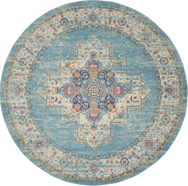 HomeRoots 5' Southwestern Distressed Area Rug in Blue and Ivory - Durable, Rustic Charm for Any Space 8' Round Round 385338