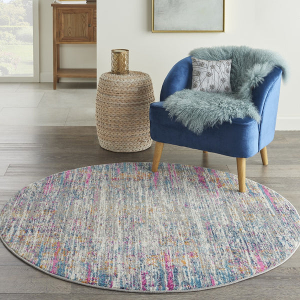 HomeRoots 5' Abstract Area Rug in Ivory and Blue - Modern Elegance for Living Rooms, Bedrooms & Offices 5' Round 385353