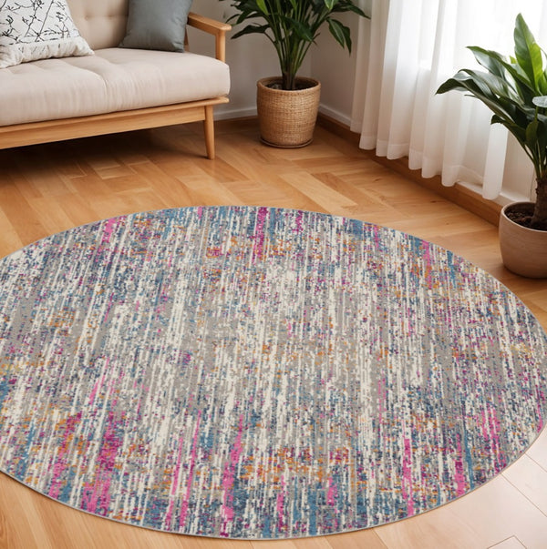 HomeRoots 5' Abstract Area Rug in Ivory and Blue - Modern Elegance for Living Rooms, Bedrooms & Offices 8' Round 385356